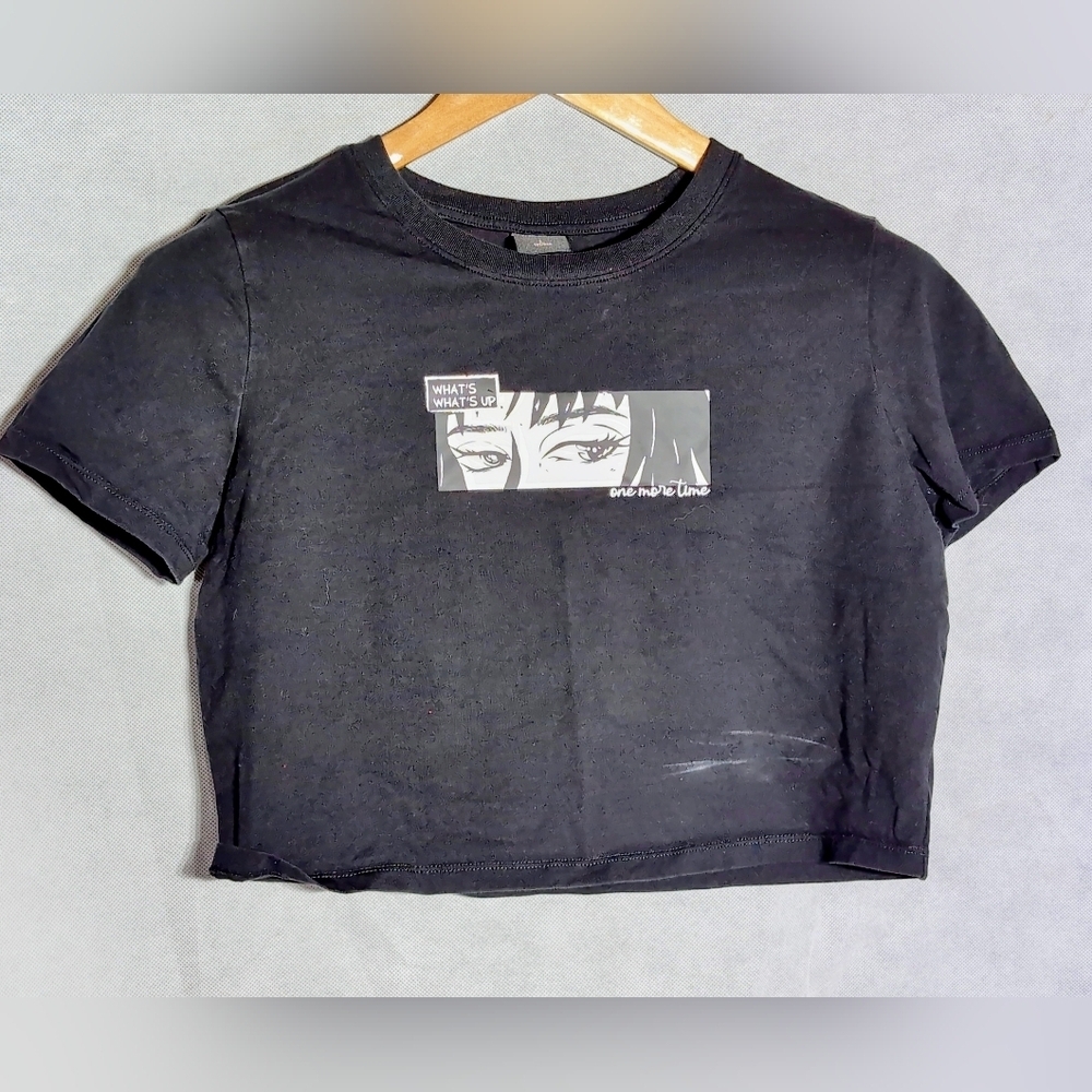 Yishion Y:2 Anime What's Up One More Time Sz L Black Graphic Crop Top